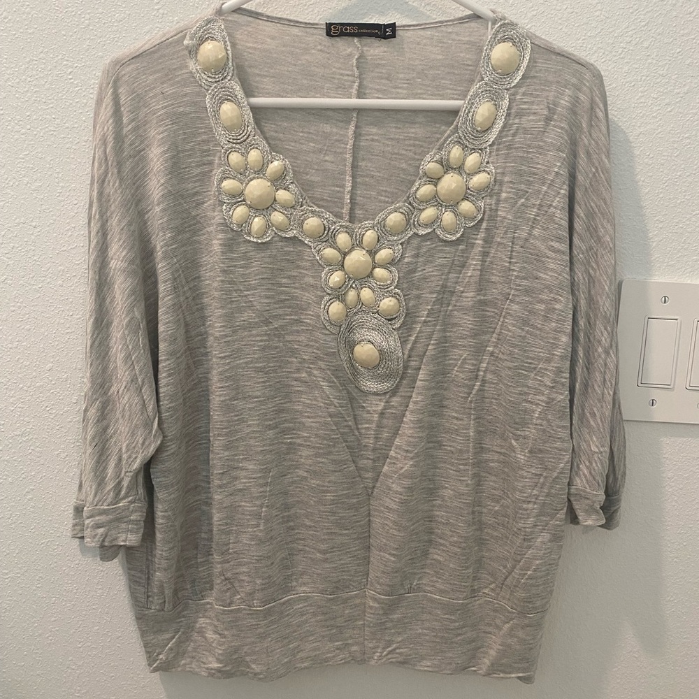 Grass Collection Woman’s Blouse with Embroidered Stones